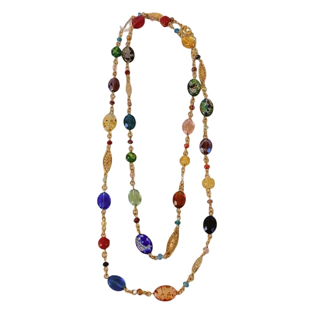 Premier Designs Gold Tone Multi Color Dichroic Glass Bead Necklace